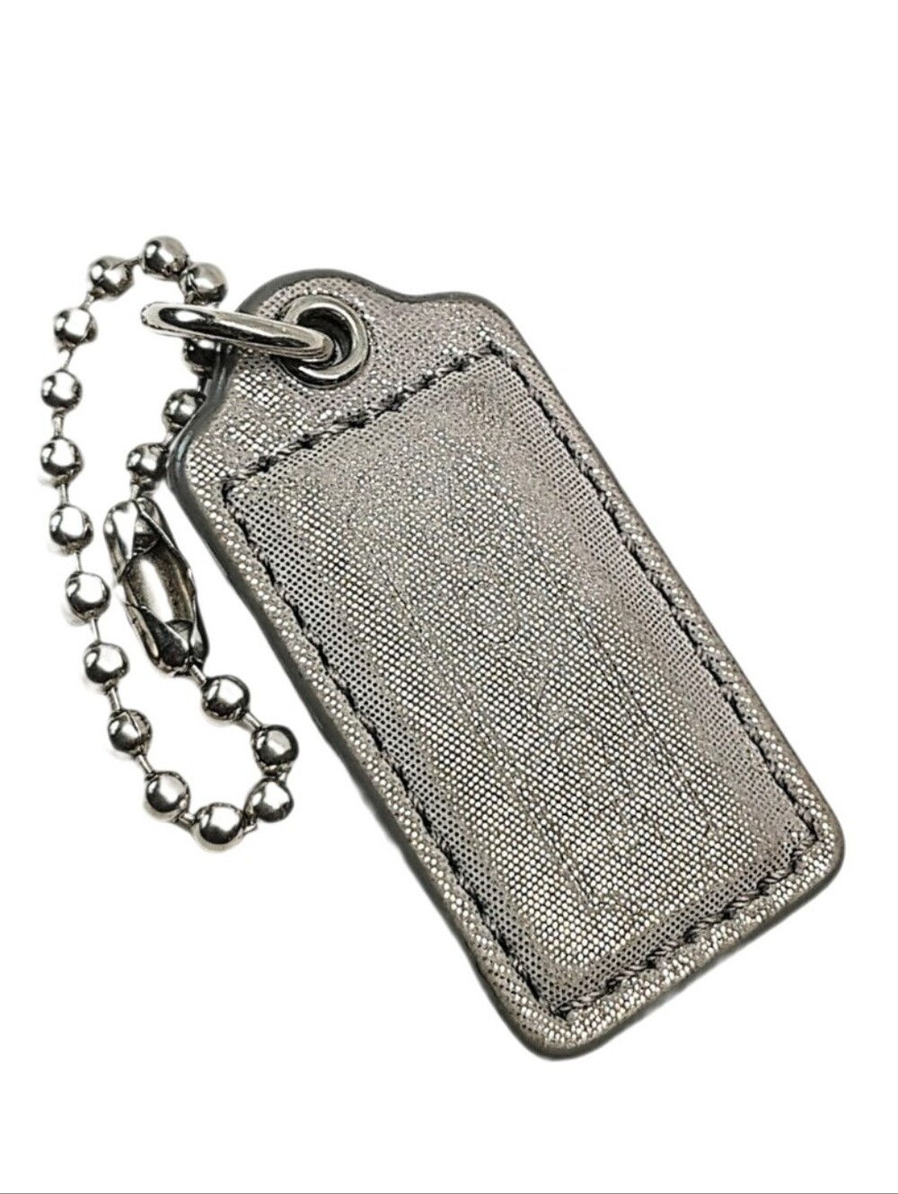 😊 2" Med Coach Metallic Pearl Silver White Leather Hangtag Bag Fob Keychain
